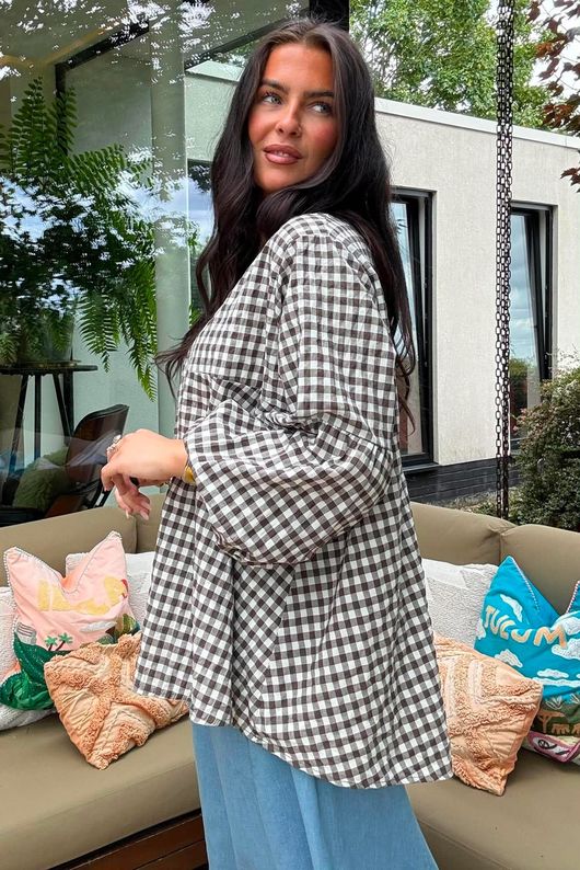 Nonni Gingham Bell Sleeve Peasant Blouse Chocolate
